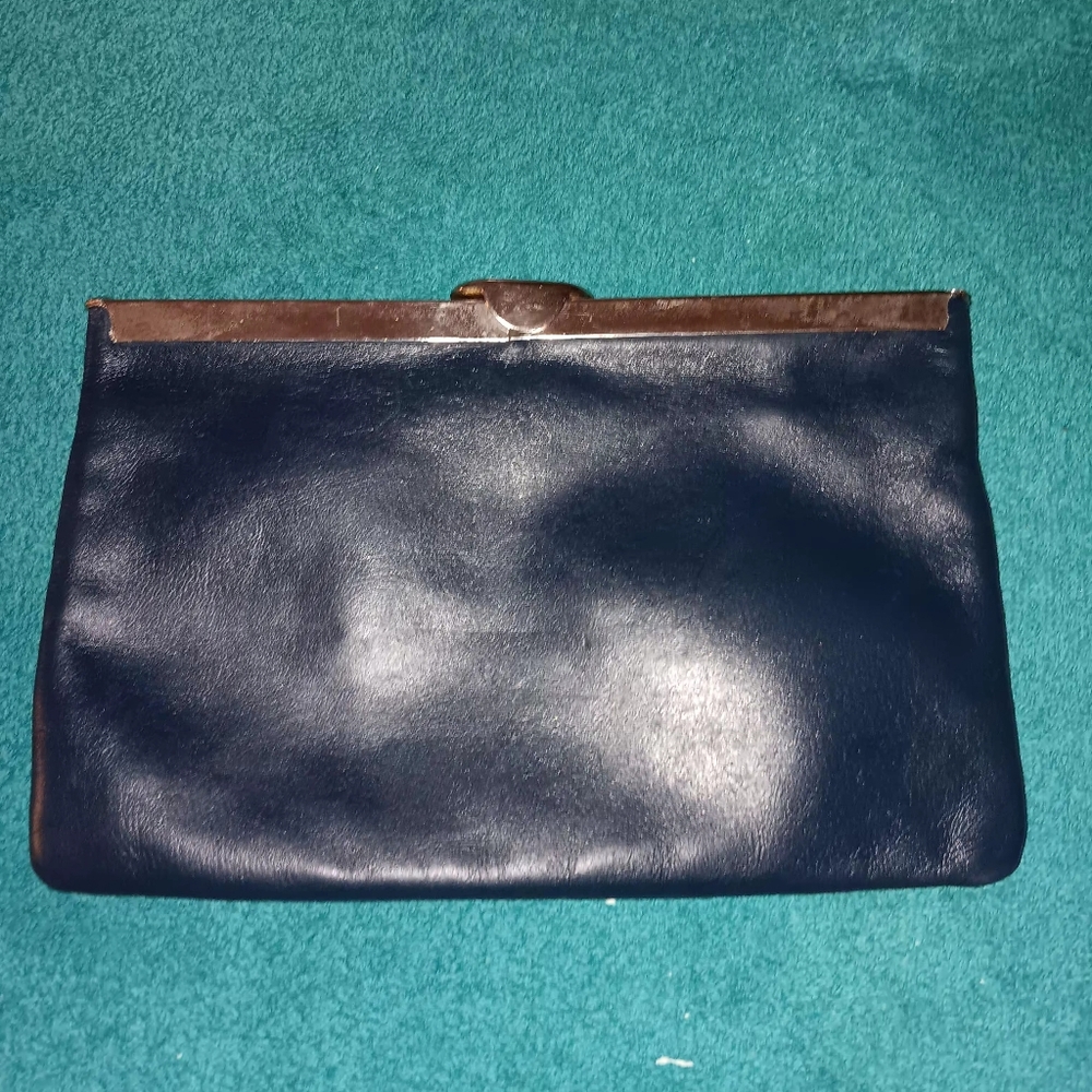 Etros Navy Leather Clutch With Metal Shoulder Bag Strip Inside Yellow Interior